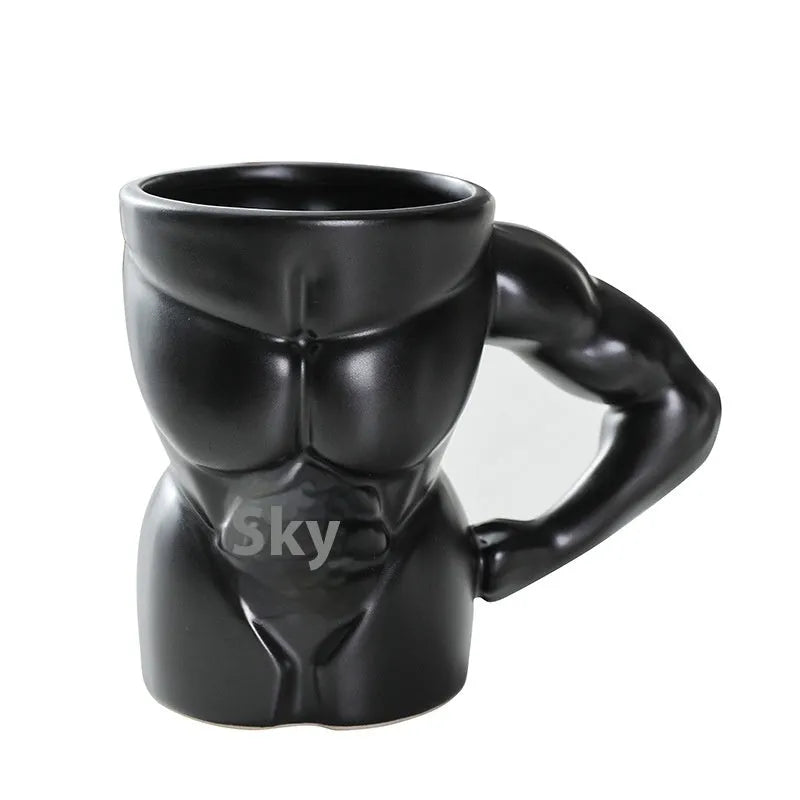Men's ceramic mug with embossed muscular arm design in matte black finish, 300ml capacity