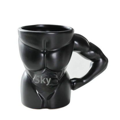 Men's ceramic mug with embossed muscular arm design in matte black finish, 300ml capacity