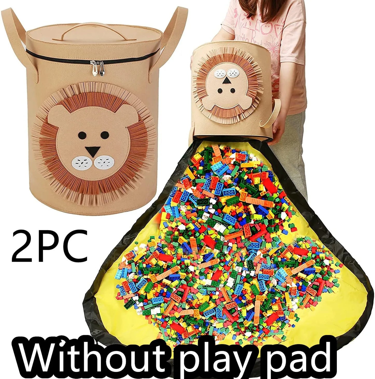 Green felt storage cube with pull rope unfolded flat to show 35cm square waterproof play mat