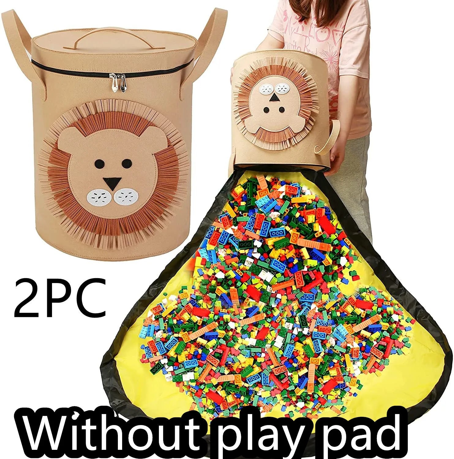 Green felt storage cube with pull rope, unfolded flat as a square play mat next to toys.