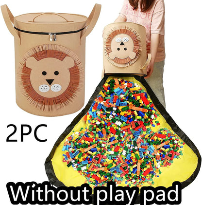 Green felt storage cube with pull rope, unfolded flat as a square play mat next to toys.
