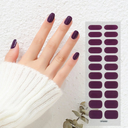 Semi-curing gel nail stickers sheet showing 22 solid colour designs including roses, tulips, and geometric patterns