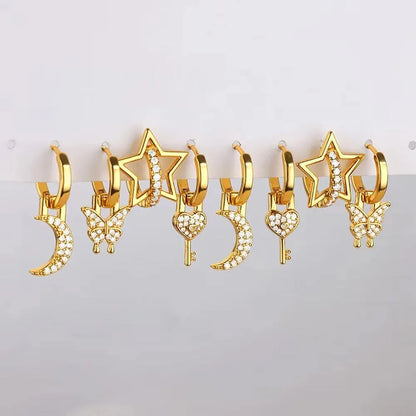 Women's copper geometric butterfly earrings with diamond treatment in heart, bow, and star shapes, multiple colour options
