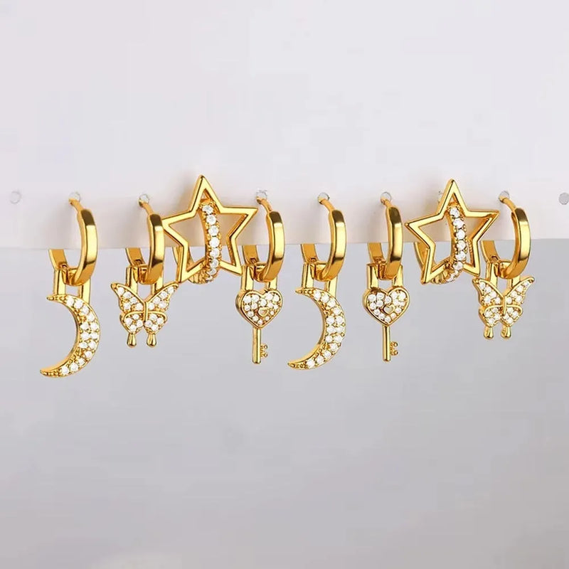Women's Fashion Irregular Geometric Butterfly Earrings: Copper Heart-Shaped, Bow, and Star Designs with Diamond Treatment Process in 13 Colour Options