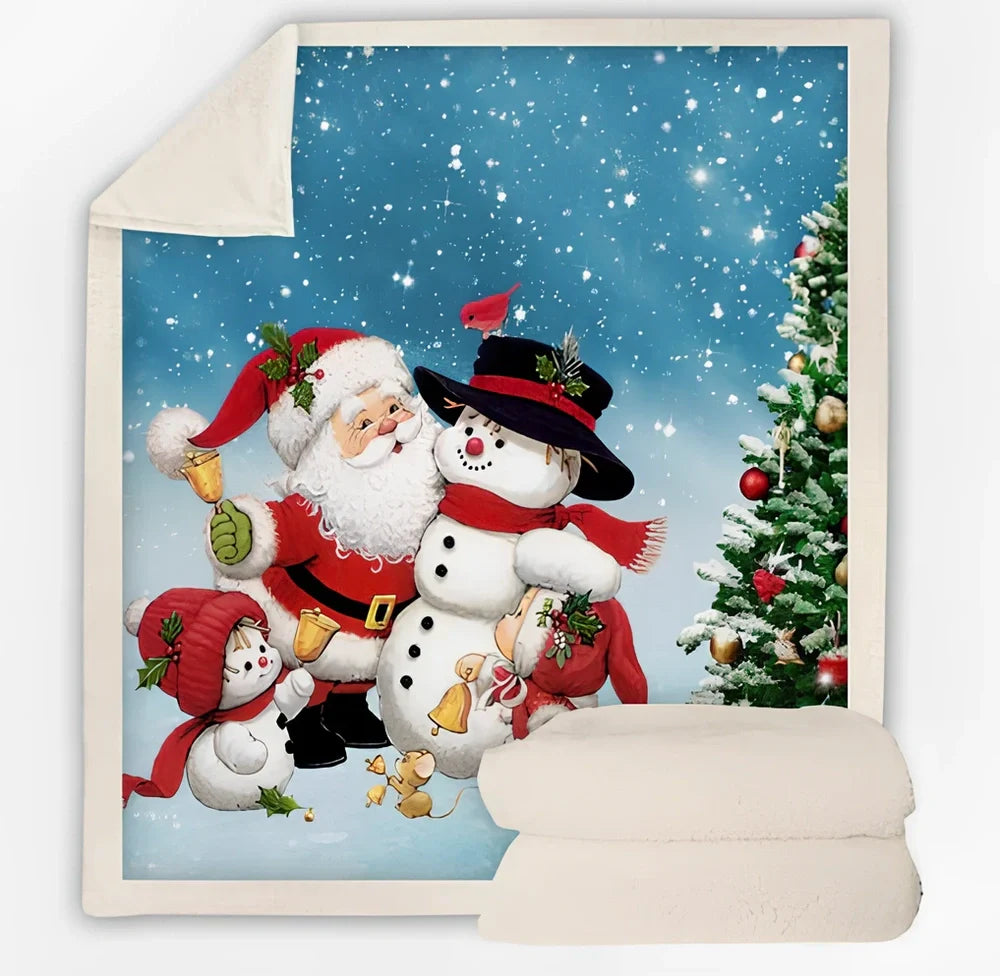 Christmas pattern coral fleece blanket on sofa showing HD printing detail and modern minimalist design
