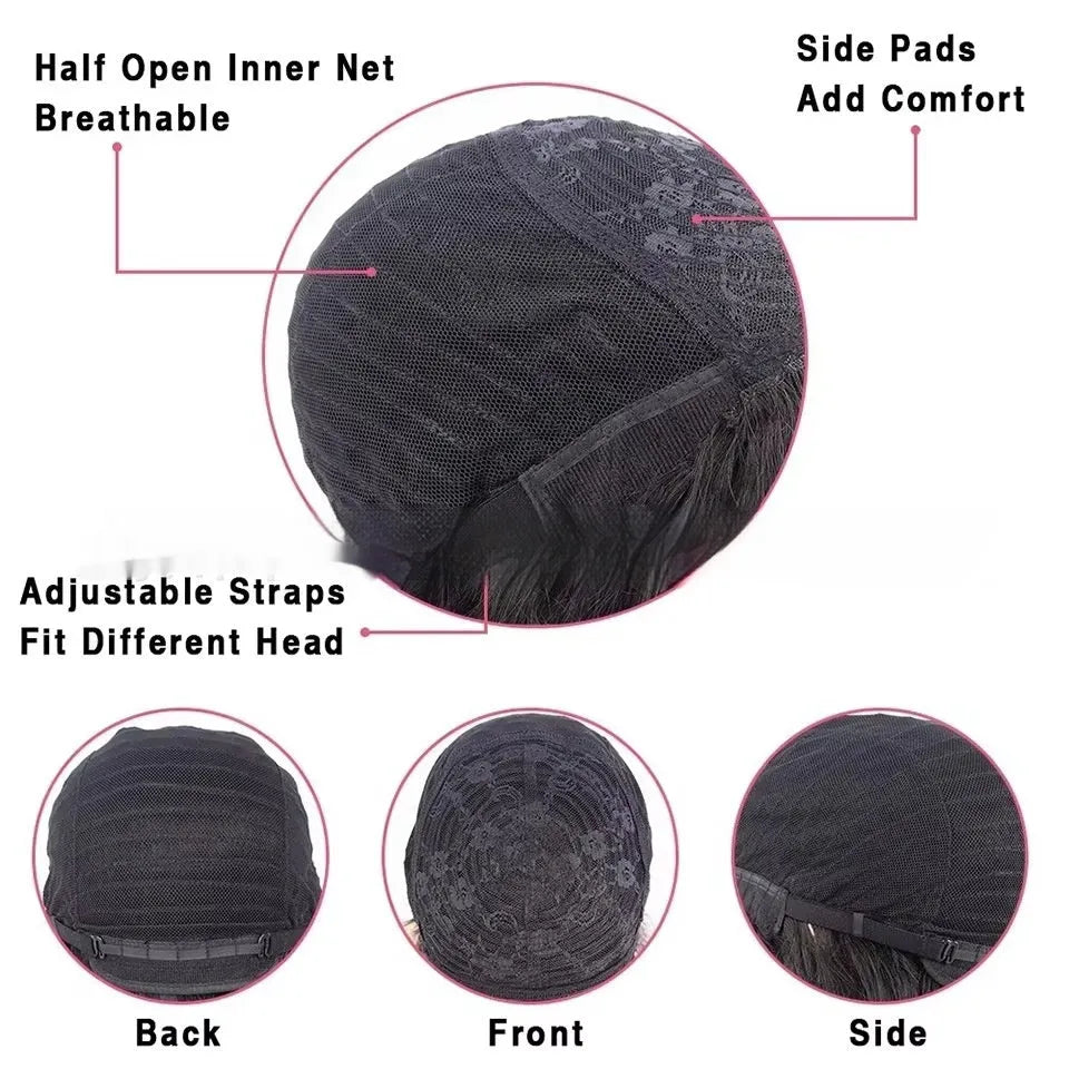 Women's natural colour full lace human hair wig on a stand, showing length options.