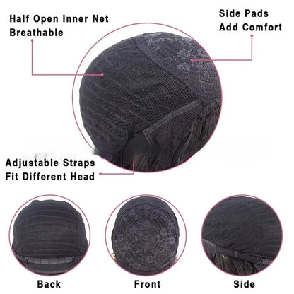 Women's natural colour full lace human hair wig on a stand, showing length options.
