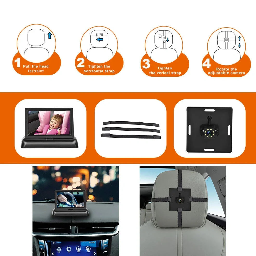 12-24V folding screen baby monitor with 4.3-inch display and rear camera for car installation