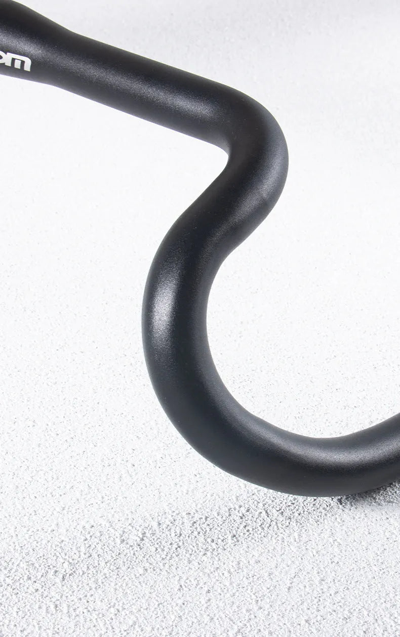 Black aluminium alloy road bike bent handlebar showing 420mm width and 31.8mm clamp area