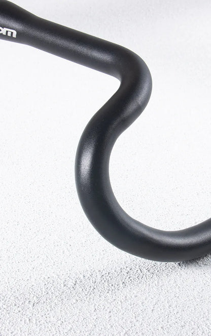 Black aluminium alloy road bike bent handlebar showing 420mm width and 31.8mm clamp area