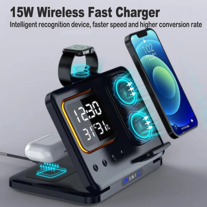 Black wireless charging station showing phone, watch and headphones charging, with digital clock display.