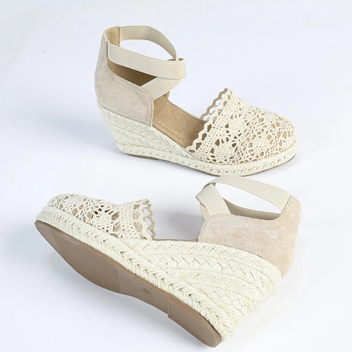 Women's apricot canvas wedge sandals with Roman style design and round toe