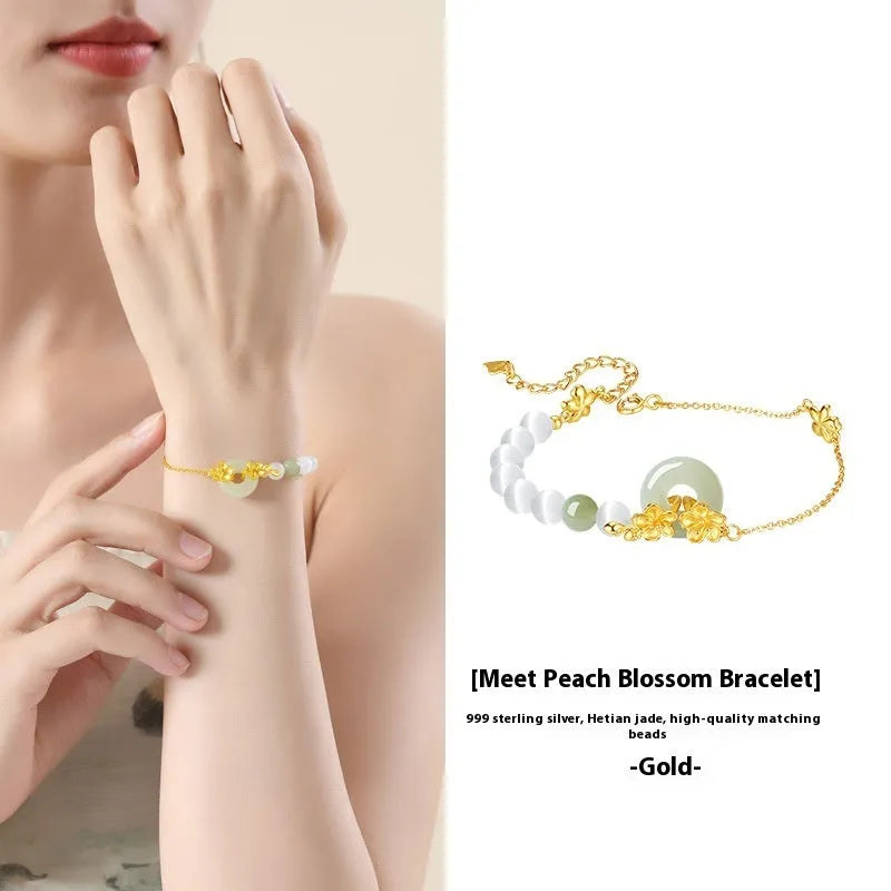 Pure silver peach blossom bracelet with safety buckle closure in new Chinese style design