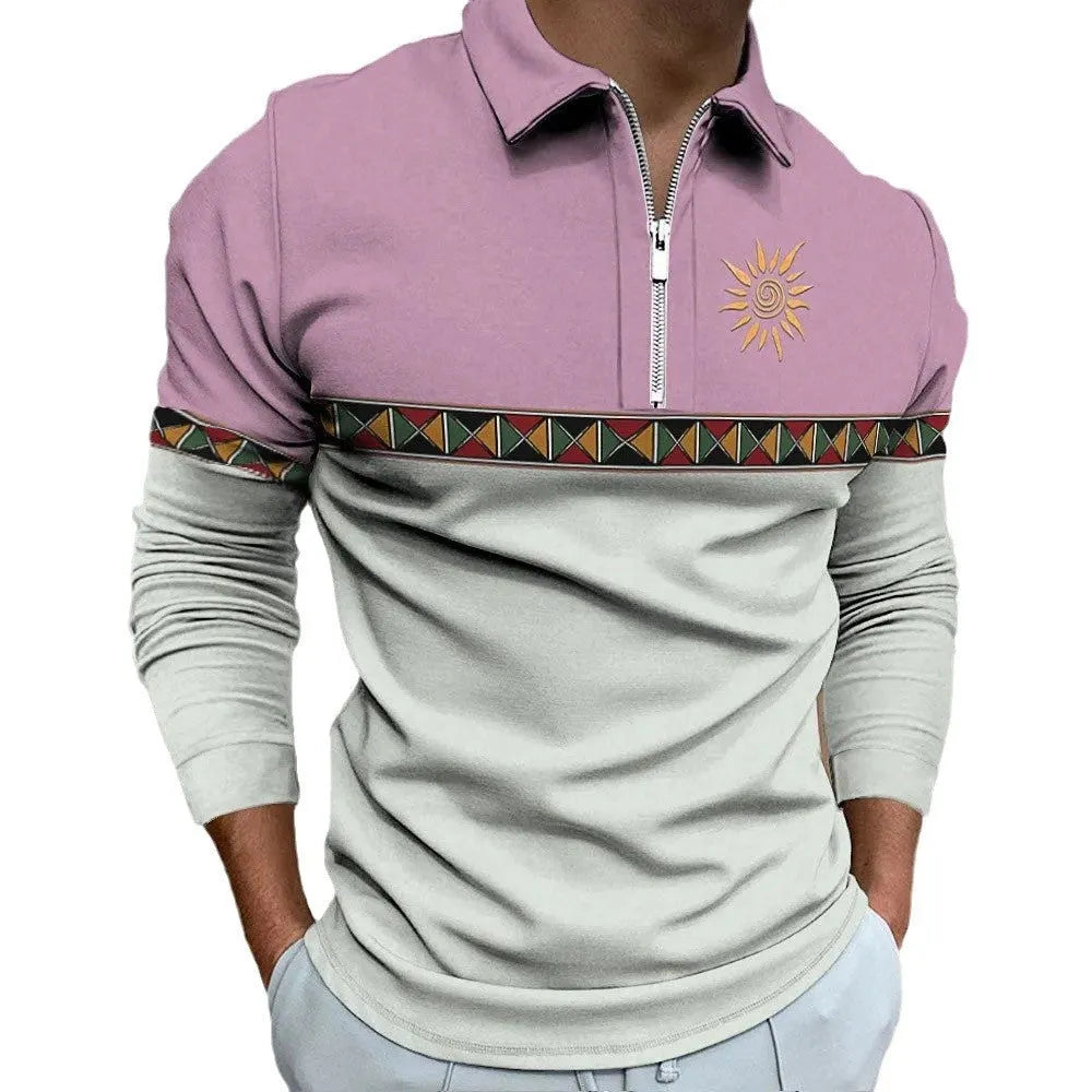 Men's retro striped long sleeve golf polo shirt with zipper decoration detail in bird eye cloth polyester