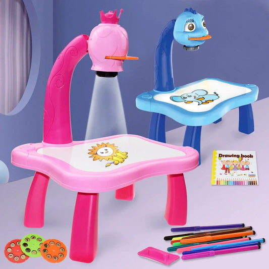 Children's magnetic drawing board with music and projection features in blue and pink