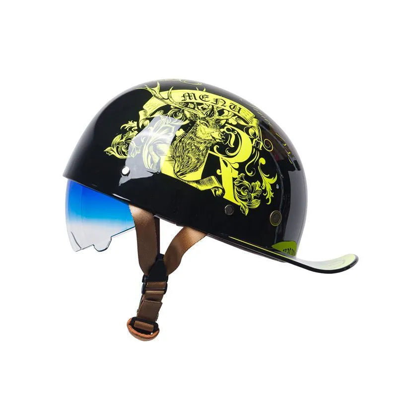 Electric bicycle helmet with retro half design in bright black gradient blue colour, showing ABS material construction and gradient lens