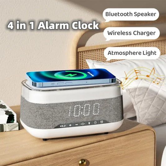 Multifunctional Bluetooth alarm clock with wireless charging, night light, and premium speaker