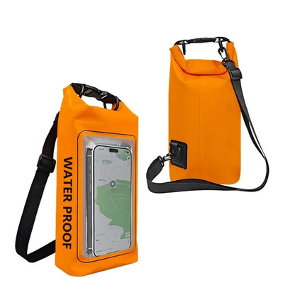 A waterproof crossbody bag in various colours, suitable for carrying a mobile phone outdoors.