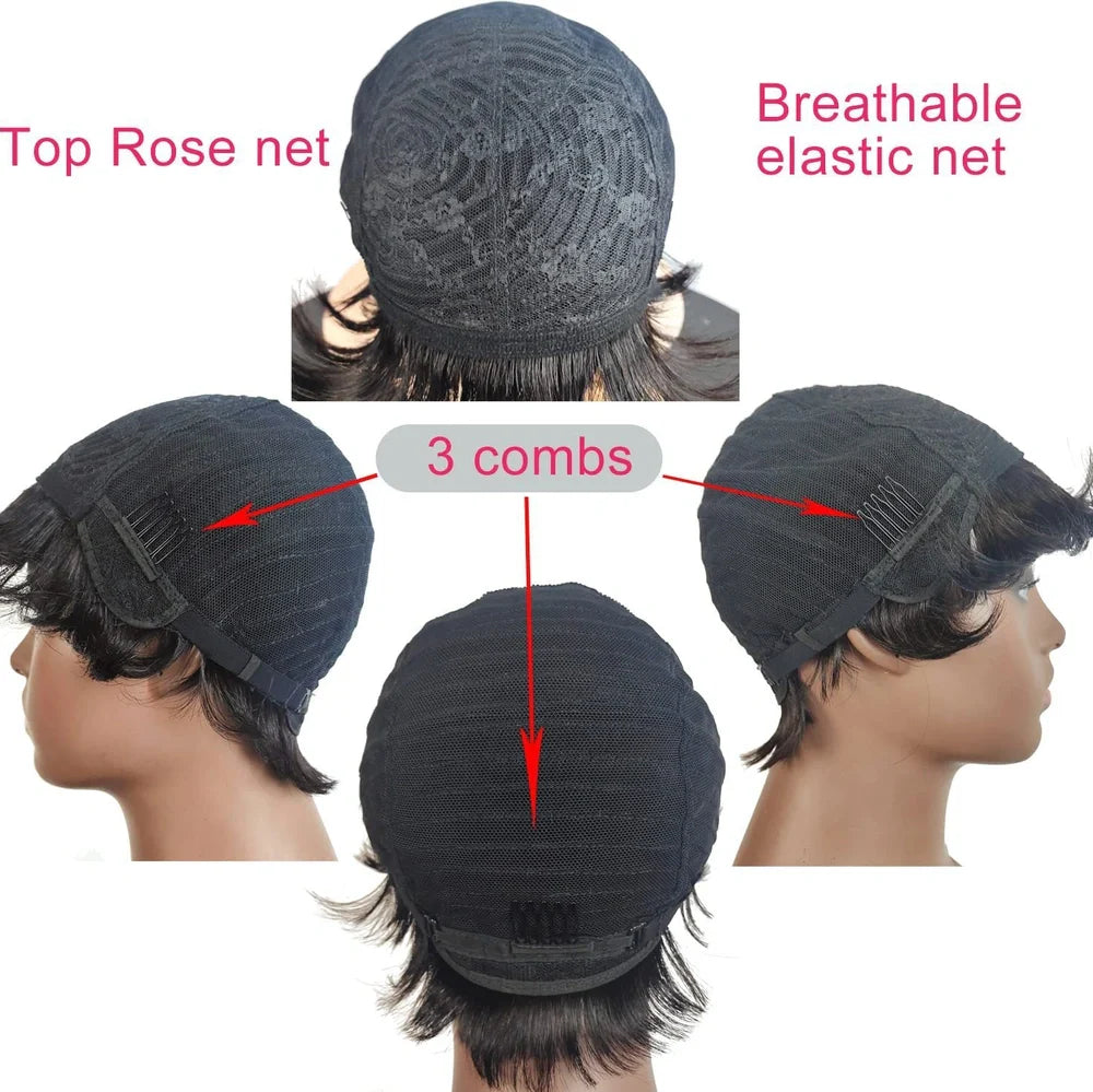 Deep curly fringe human hair wig with bangs, 12-inch length, showing adjustable headgear and even bangs design