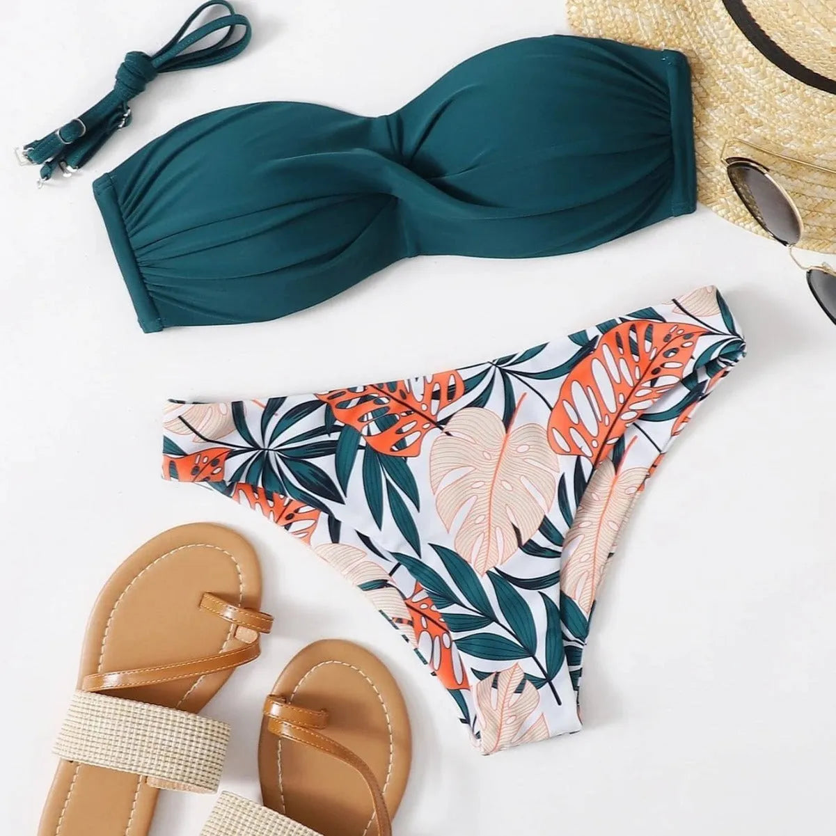 Green split push-up bikini swimsuit set with matching hard storage bag