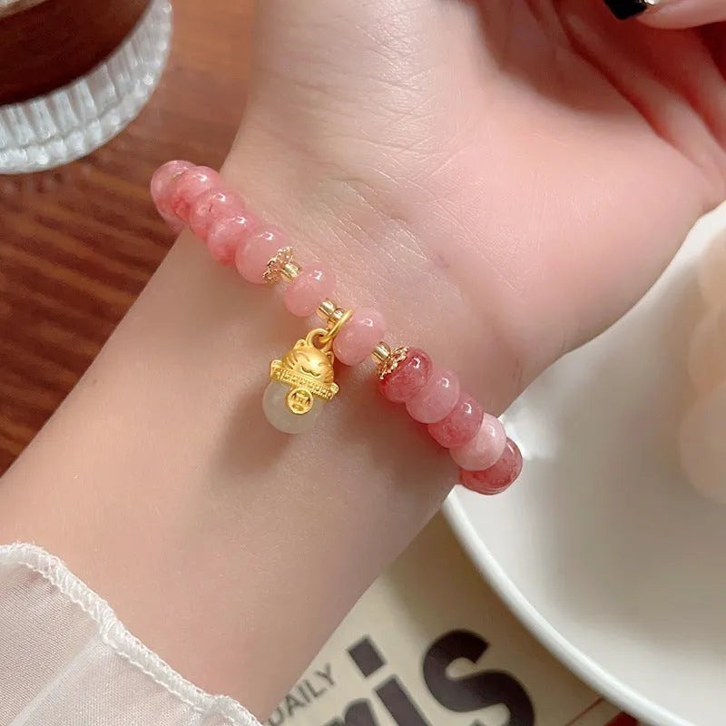 Women's bracelet, strawberry quartz gemstone, retro lucky cat charm jewellery,  grey jade pendant necklace alternative, handmade Chinese zodiac animal gift for travel commemoration