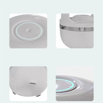 Round anti gravity water drop humidifier in black or white, 120x120x229mm, with atmosphere lamp and USB power.