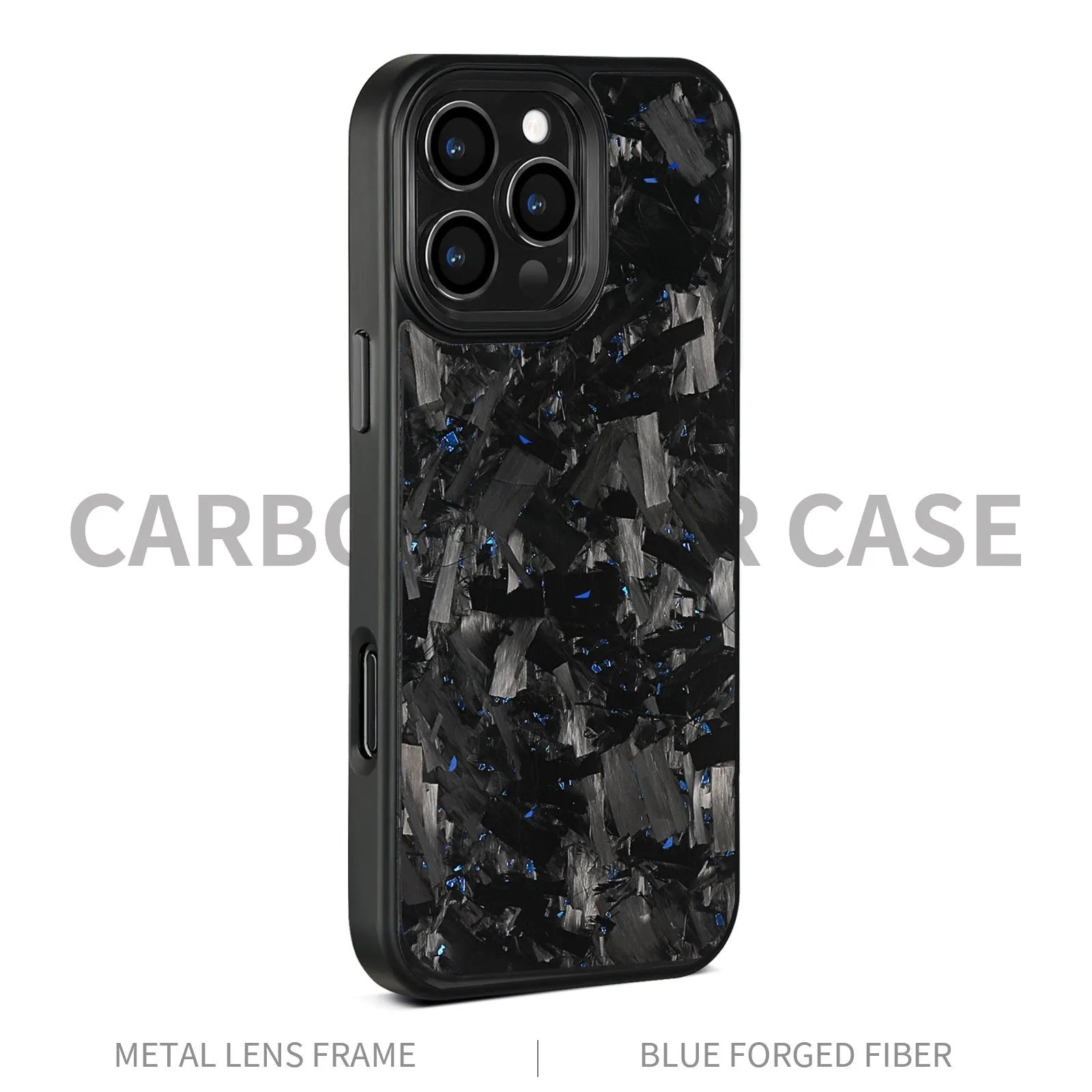 Metal frame forged pattern mobile phone protective shell in black with blue gold accents for iPhone 17