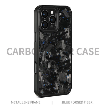 Metal frame forged pattern mobile phone protective shell in black with blue gold accents for iPhone 17