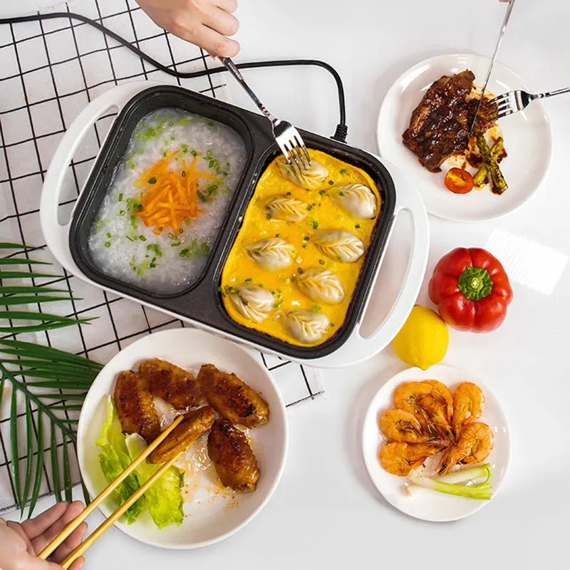 Household electric hot pot dual-use electric frying oven with 1300W power, 2-3 person capacity, mechanical operation mode, available in white or green, 39cm x 22cm x 12cm dimensions