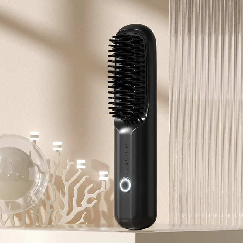 Wireless anion hair straightening comb in beige colour with Type-C charging port