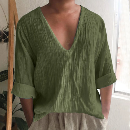 Men's long sleeve V-neck t-shirt in washed cotton, shown in a solid colour.