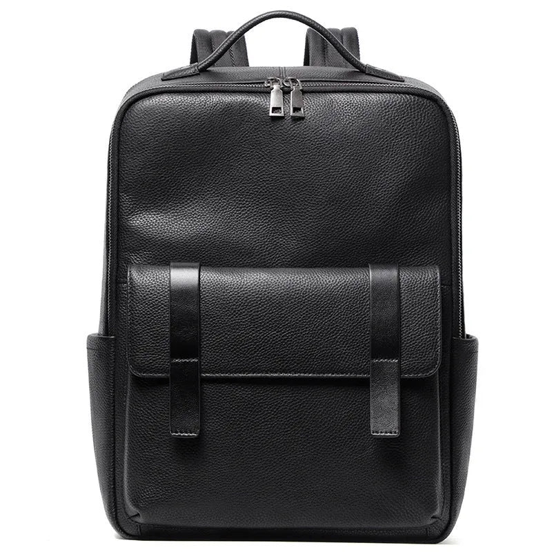Men's large capacity leather computer backpack with curved back plate in black grain finish