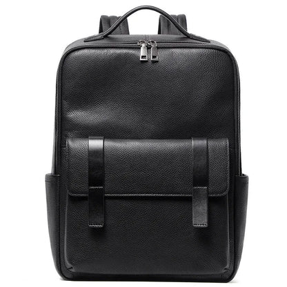 Men's large capacity leather computer backpack with curved back plate in black grain finish