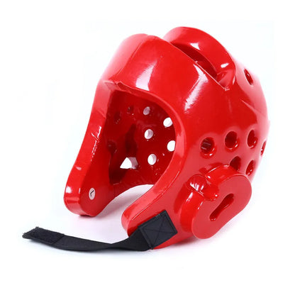 Red and blue karate taekwondo protective gear set with leg guards, helmet, and boxing gloves.