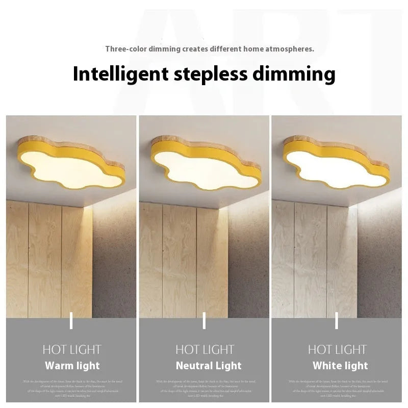 Cloud-shaped ceiling lamp with wooden construction and LED lighting in pink, blue, green, or yellow colour options