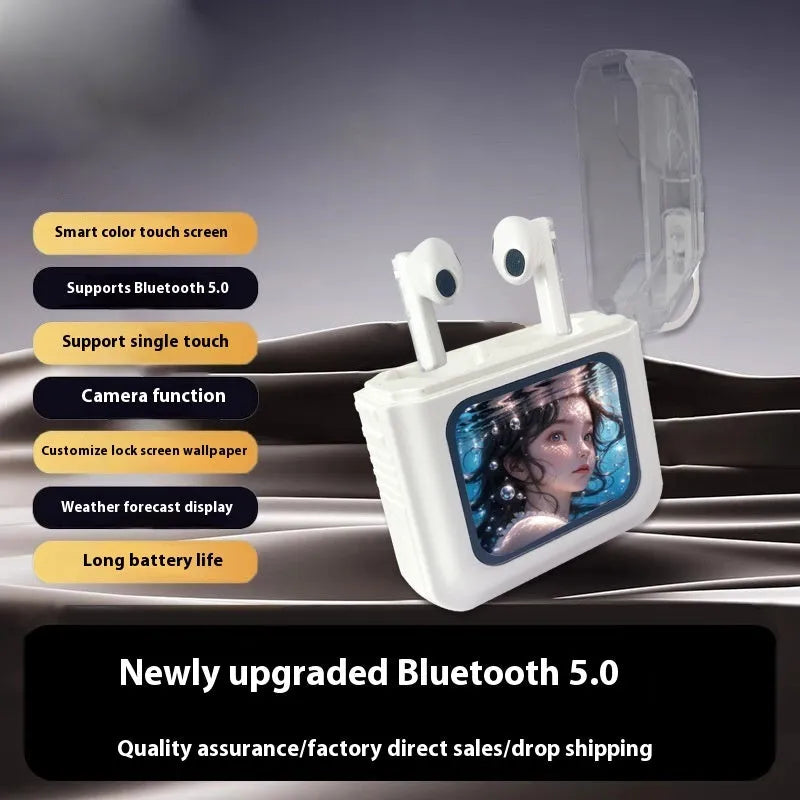White and grey ANC Bluetooth headset with colour screen display and in-ear design