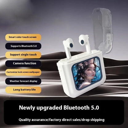 White and grey ANC Bluetooth headset with colour screen display and in-ear design