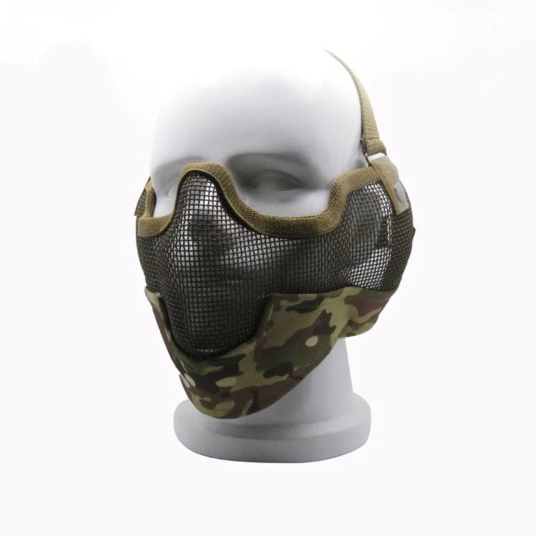 Carbon steel net protective face mask in camouflage pattern for outdoor field use.