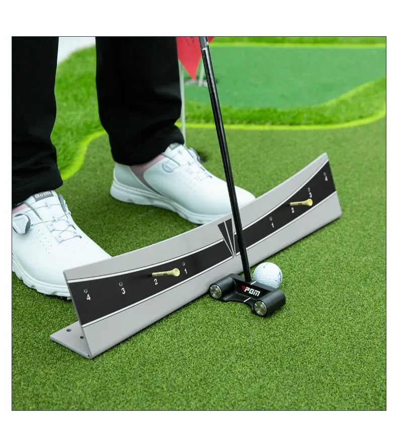 Golf putter trajectory balance simulator with adjustable push rod balancer on practice green