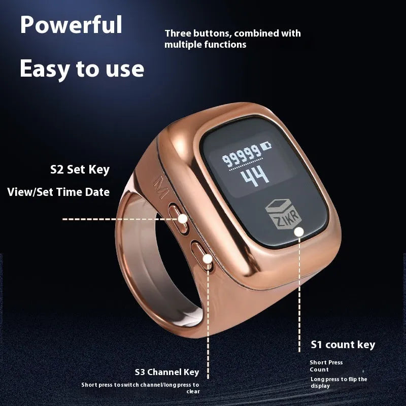 Al-Fatiha black digital wrist counter with display screen showing numbers, on a wrist.