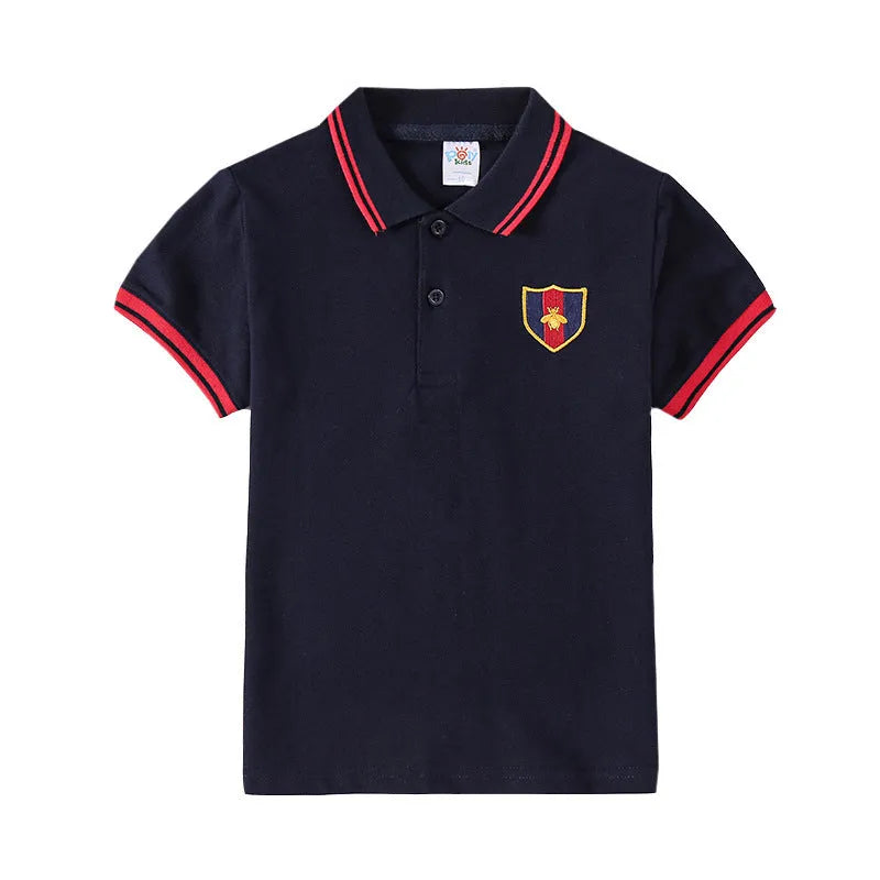 Boys' cotton short sleeve lapel collar shirt in red, navy blue, bright yellow, or off-white, sizes 90cm to 130cm.