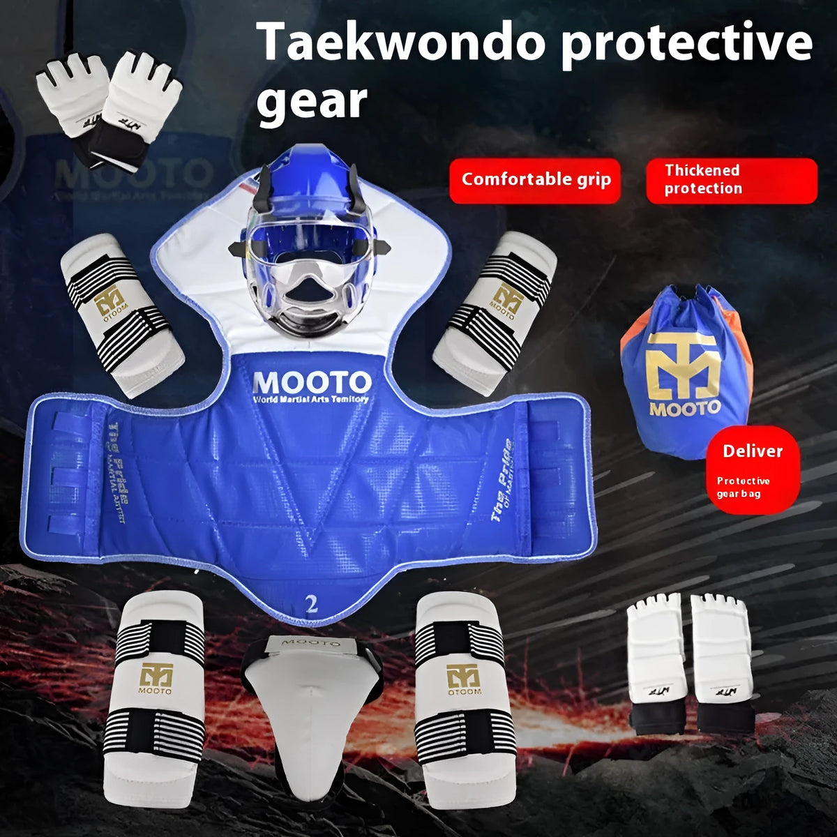 Taekwondo protective gear set in red or blue with four to eight pieces and sizes from 110cm to 190cm