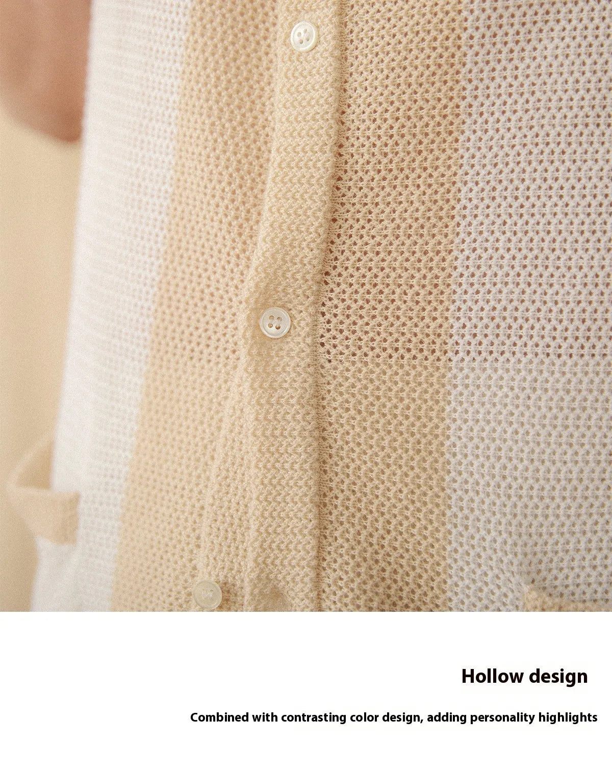 Beige cotton linen blend short-sleeved cardigan with lapel collar shown on hanger