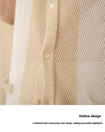 Beige cotton linen blend short-sleeved cardigan with lapel collar shown on hanger