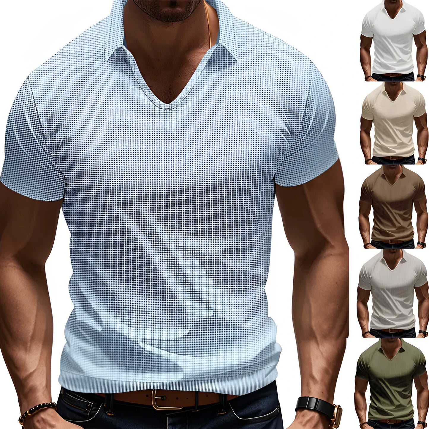 Man modelling a loose-fit apricot coloured V-neck short-sleeve T-shirt for casual summer wear.