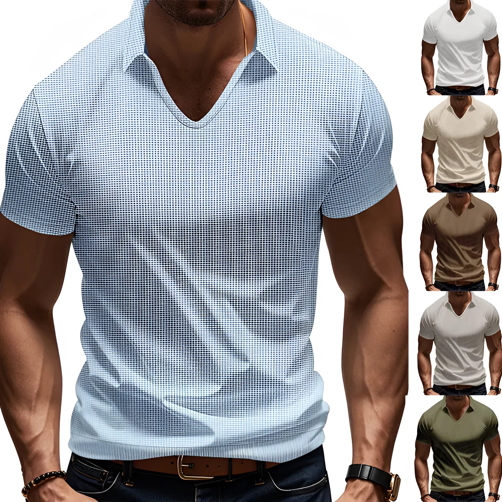 Man modelling a loose-fit apricot coloured V-neck short-sleeve T-shirt for casual summer wear.