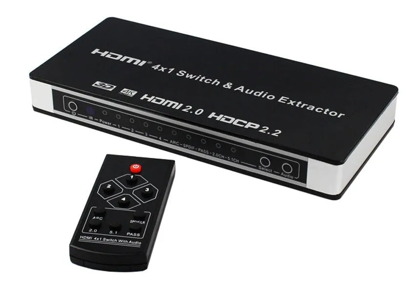 Black HDMI switch with remote control showing 4 HDMI inputs and 1 output for video switching with audio separation