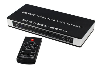 Black HDMI switch with remote control showing 4 HDMI inputs and 1 output for video switching with audio separation