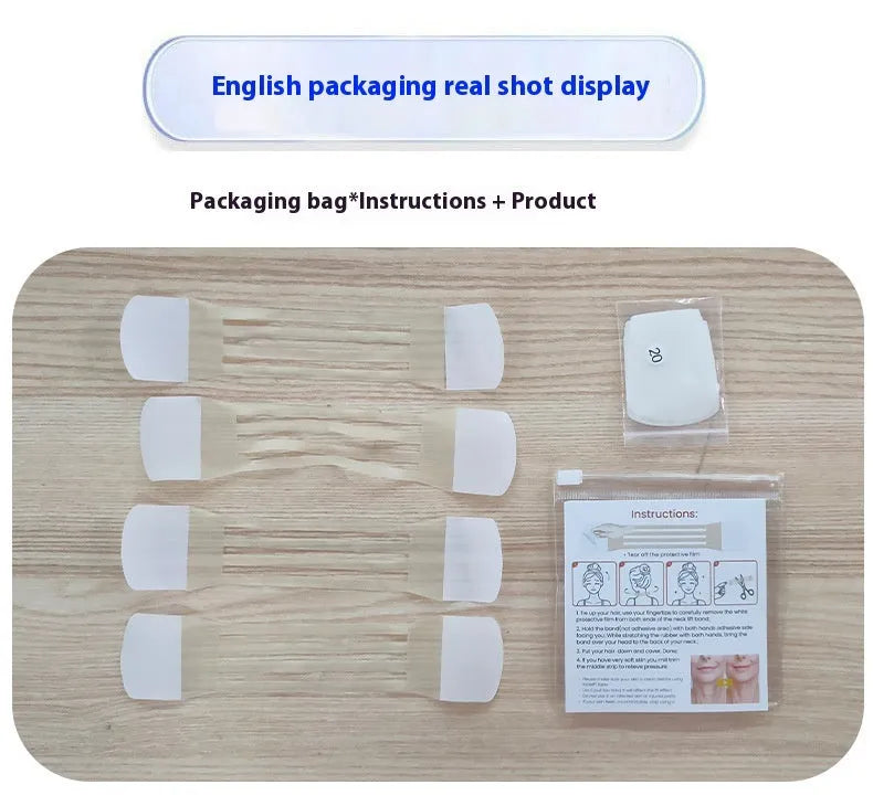 Neck firming adhesive tape patches in skin tone with four packs containing twenty patches total