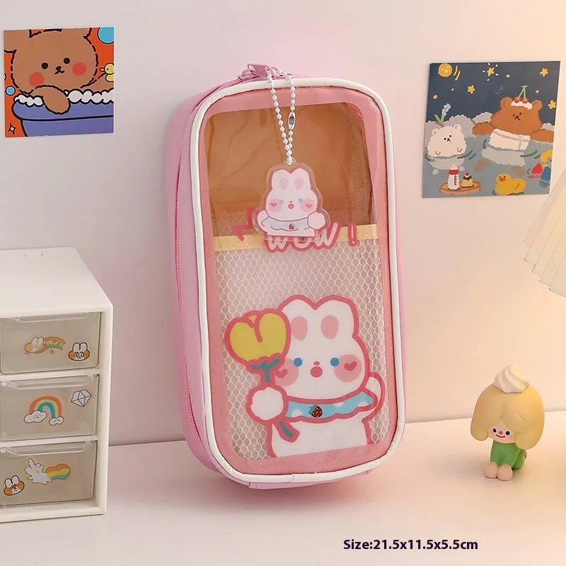 Transparent PVC pencil case with Korean cartoon pattern of candy bear design